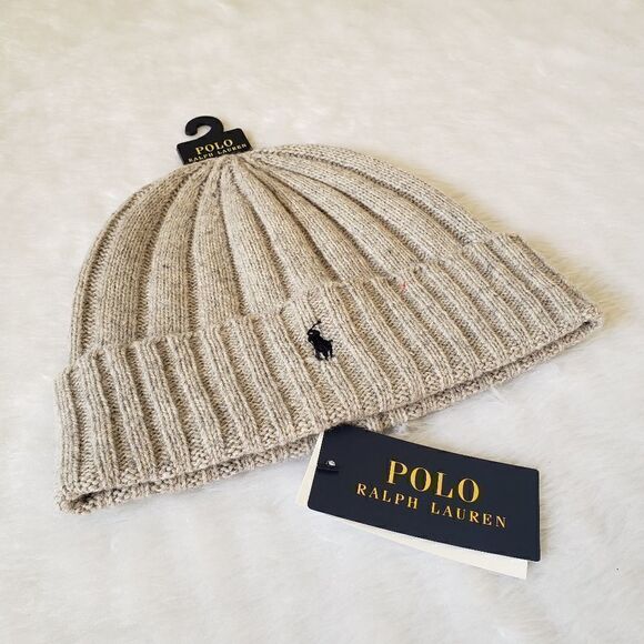 Polo Ralph Lauren Merino Wool Cuffed Beanie Unisex Hat Pony Logo Tan Gray New - Picture 2 of 5